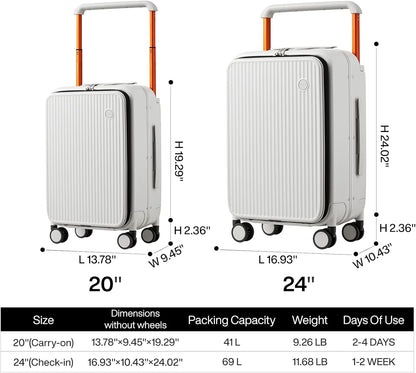 Carry On Luggage 20'' Suitcase with Front Laptop Pocket, Wide Handle Rolling Travel Suitcases PC Hardshell with Aluminum Frame Spinner Wheels & TSA Lock, Carry-On Luggage(Smoke White)