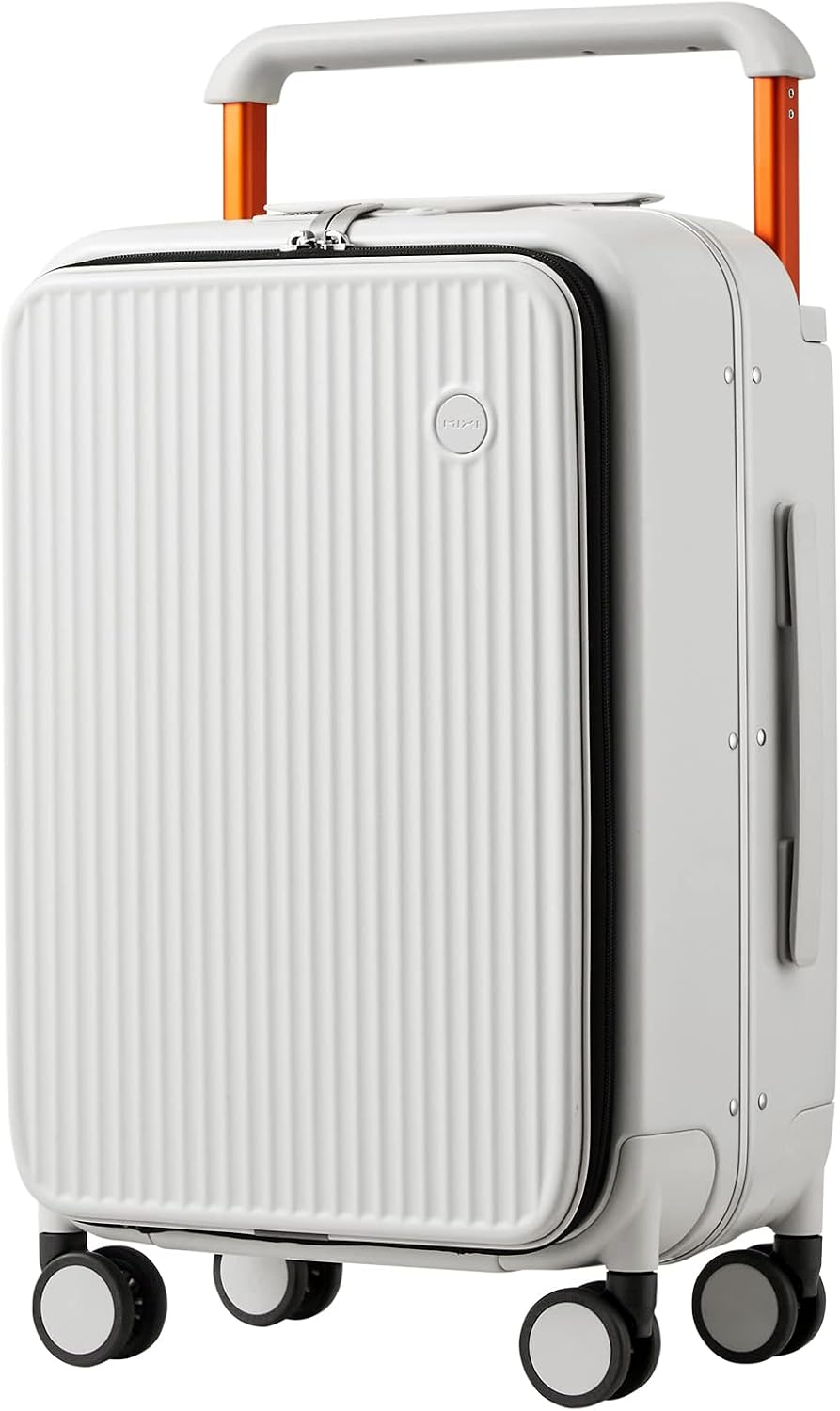 Carry On Luggage 20'' Suitcase with Front Laptop Pocket, Wide Handle Rolling Travel Suitcases PC Hardshell with Aluminum Frame Spinner Wheels & TSA Lock, Carry-On Luggage(Smoke White)