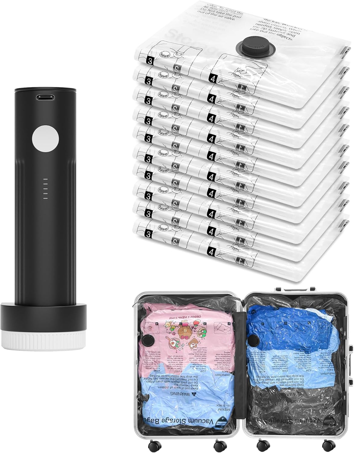Vacuum Seal Bags for Clothing Travel and Home Storage, Travel Vacuum Bags with Electric Pump, Space Saver Compression Packing Cubes for Luggage Suitcase Bedding Blankets Clothes, 12 Combo
