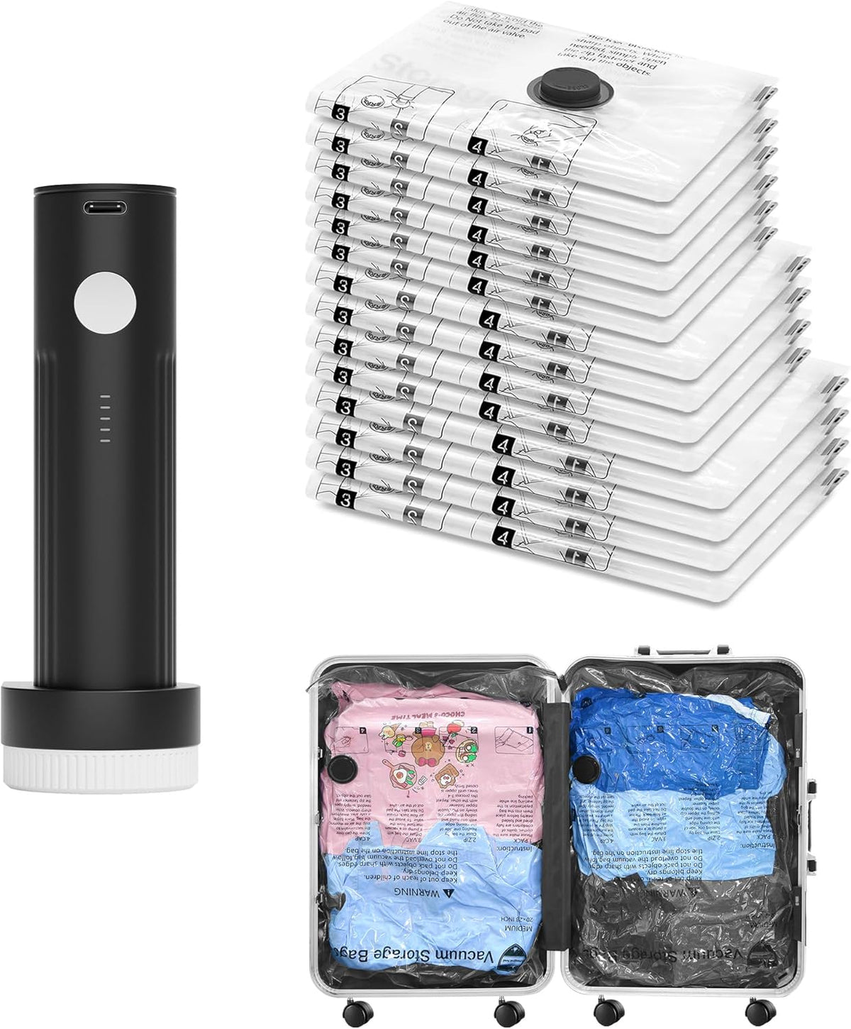 Vacuum Seal Bags for Clothing Travel and Home Storage, Travel Vacuum Bags with Electric Pump, Space Saver Compression Packing Cubes for Luggage Suitcase Bedding Blankets Clothes, 12 Combo