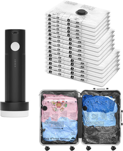 Vacuum Seal Bags for Clothing Travel and Home Storage, Travel Vacuum Bags with Electric Pump, Space Saver Compression Packing Cubes for Luggage Suitcase Bedding Blankets Clothes, 12 Combo
