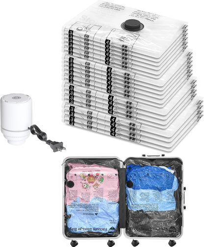 Vacuum Seal Bags for Clothing Travel and Home Storage, Travel Vacuum Bags with Electric Pump, Space Saver Compression Packing Cubes for Luggage Suitcase Bedding Blankets Clothes, 12 Combo