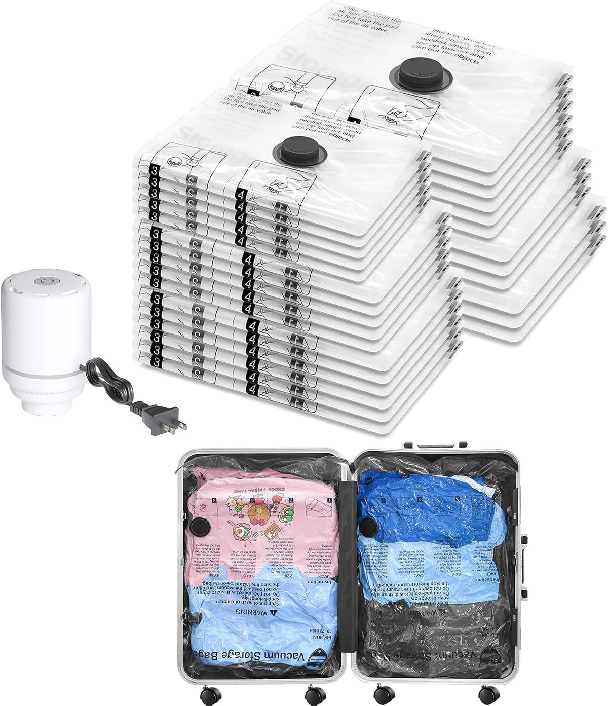 Vacuum Seal Bags for Clothing Travel and Home Storage, Travel Vacuum Bags with Electric Pump, Space Saver Compression Packing Cubes for Luggage Suitcase Bedding Blankets Clothes, 12 Combo