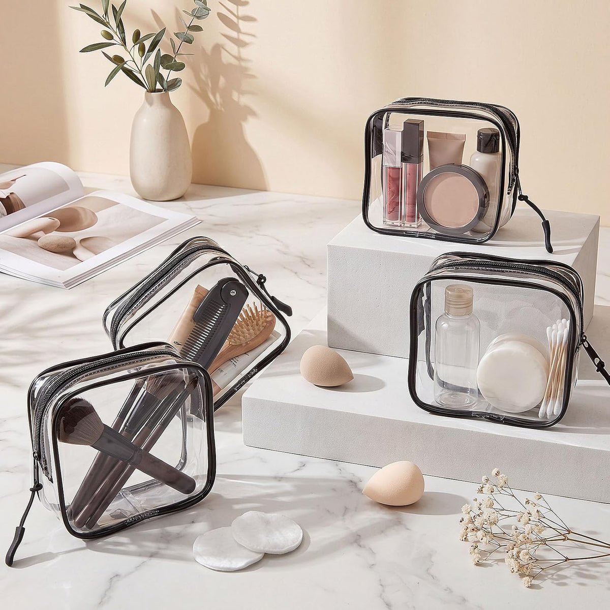 12 Pcs Iridescent Holographic Clear Cosmetic Makeup Bags with Zipper Tsa Approved Pouches Bulk for Travel Transparent PVC Waterproof Carry Pouches Organizer Case for Men Women