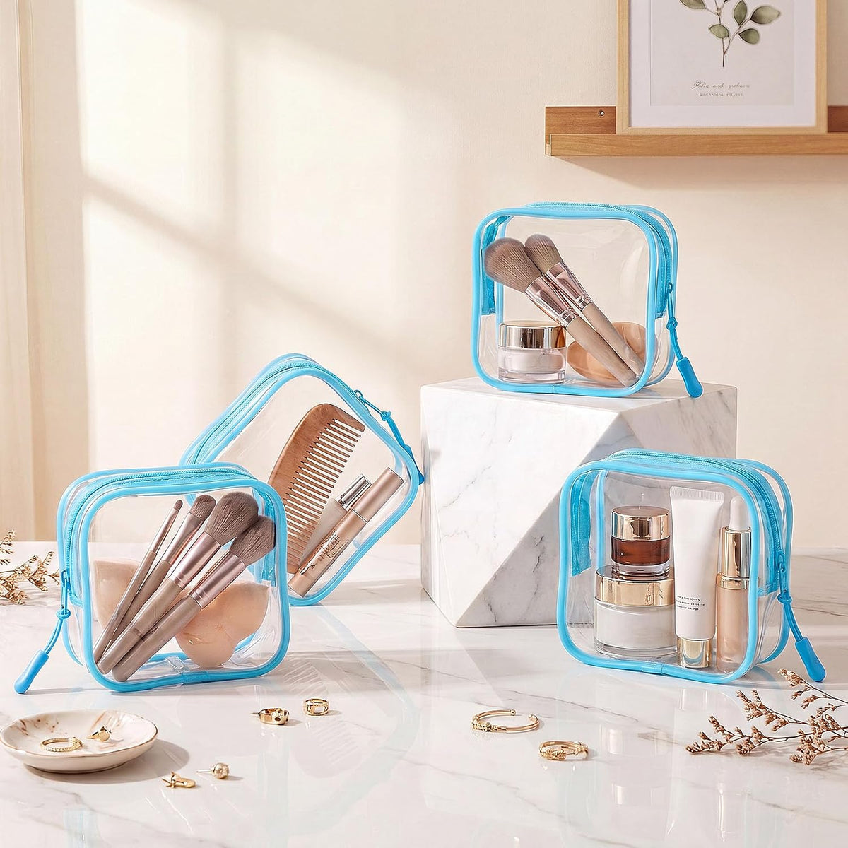 12 Pcs Iridescent Holographic Clear Cosmetic Makeup Bags with Zipper Tsa Approved Pouches Bulk for Travel Transparent PVC Waterproof Carry Pouches Organizer Case for Men Women