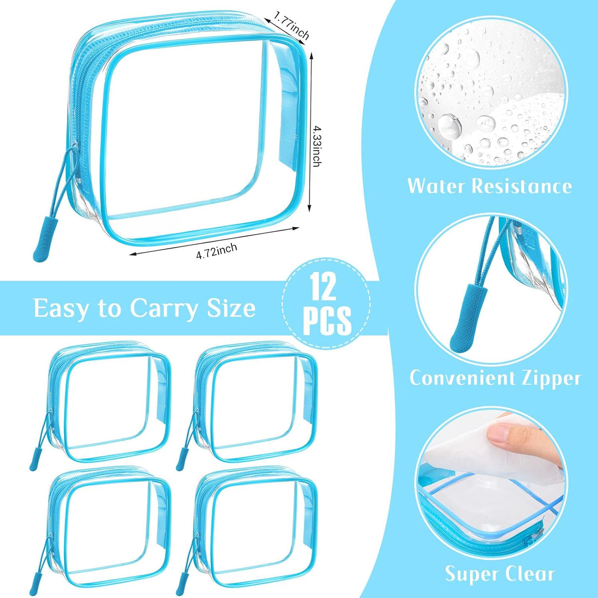 12 Pcs Iridescent Holographic Clear Cosmetic Makeup Bags with Zipper Tsa Approved Pouches Bulk for Travel Transparent PVC Waterproof Carry Pouches Organizer Case for Men Women
