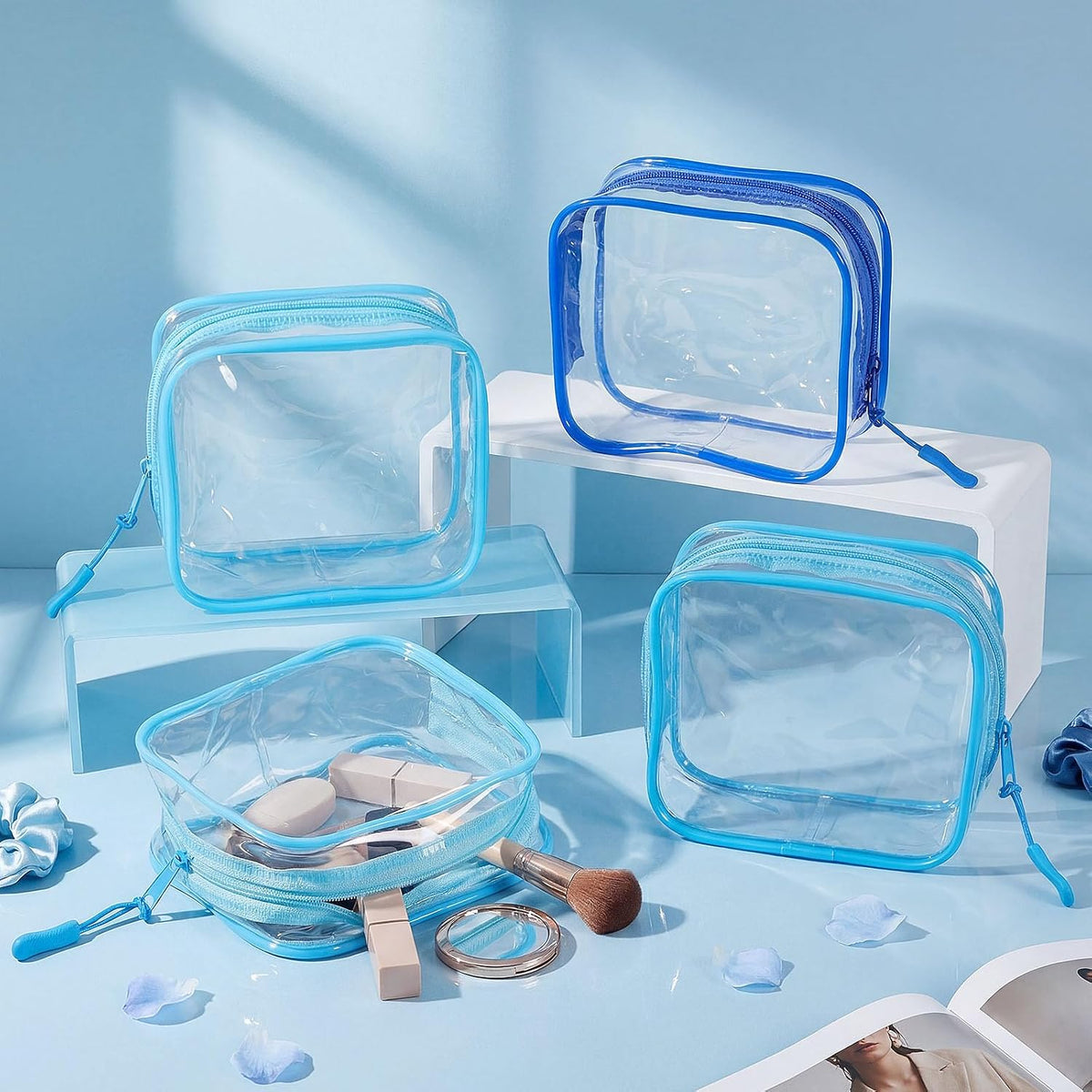 12 Pcs Iridescent Holographic Clear Cosmetic Makeup Bags with Zipper Tsa Approved Pouches Bulk for Travel Transparent PVC Waterproof Carry Pouches Organizer Case for Men Women