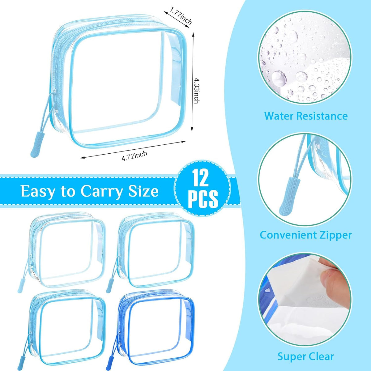 12 Pcs Iridescent Holographic Clear Cosmetic Makeup Bags with Zipper Tsa Approved Pouches Bulk for Travel Transparent PVC Waterproof Carry Pouches Organizer Case for Men Women