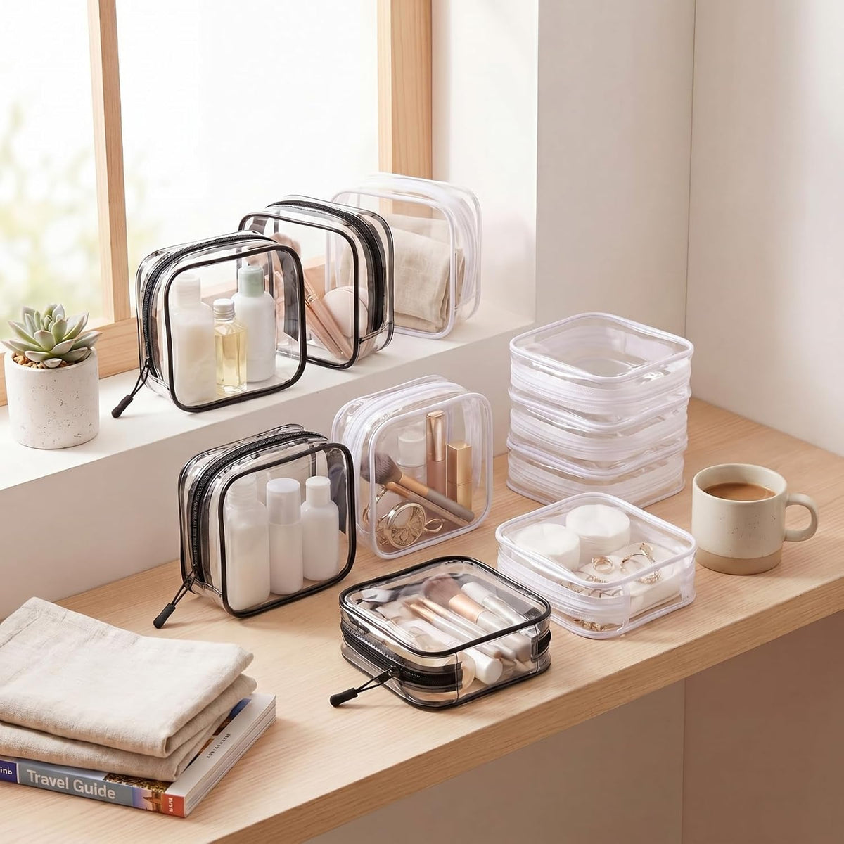 12 Pcs Iridescent Holographic Clear Cosmetic Makeup Bags with Zipper Tsa Approved Pouches Bulk for Travel Transparent PVC Waterproof Carry Pouches Organizer Case for Men Women