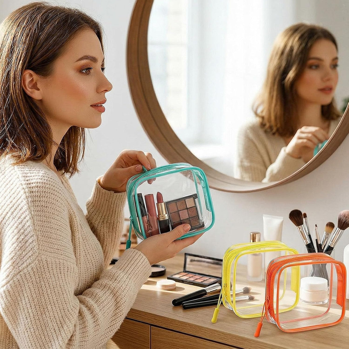 12 Pcs Iridescent Holographic Clear Cosmetic Makeup Bags with Zipper Tsa Approved Pouches Bulk for Travel Transparent PVC Waterproof Carry Pouches Organizer Case for Men Women