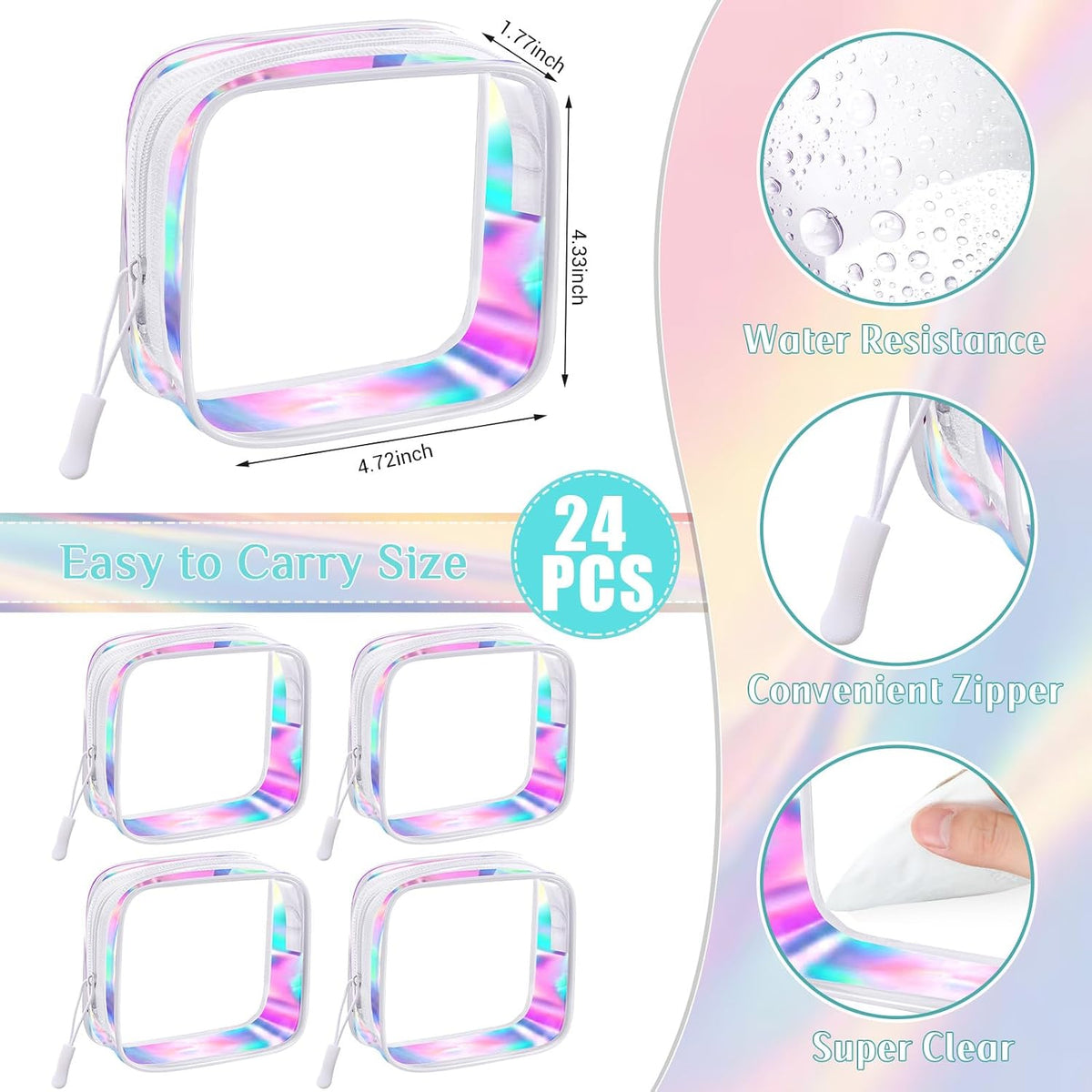 12 Pcs Iridescent Holographic Clear Cosmetic Makeup Bags with Zipper Tsa Approved Pouches Bulk for Travel Transparent PVC Waterproof Carry Pouches Organizer Case for Men Women