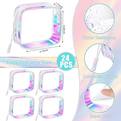 12 Pcs Iridescent Holographic Clear Cosmetic Makeup Bags with Zipper Tsa Approved Pouches Bulk for Travel Transparent PVC Waterproof Carry Pouches Organizer Case for Men Women