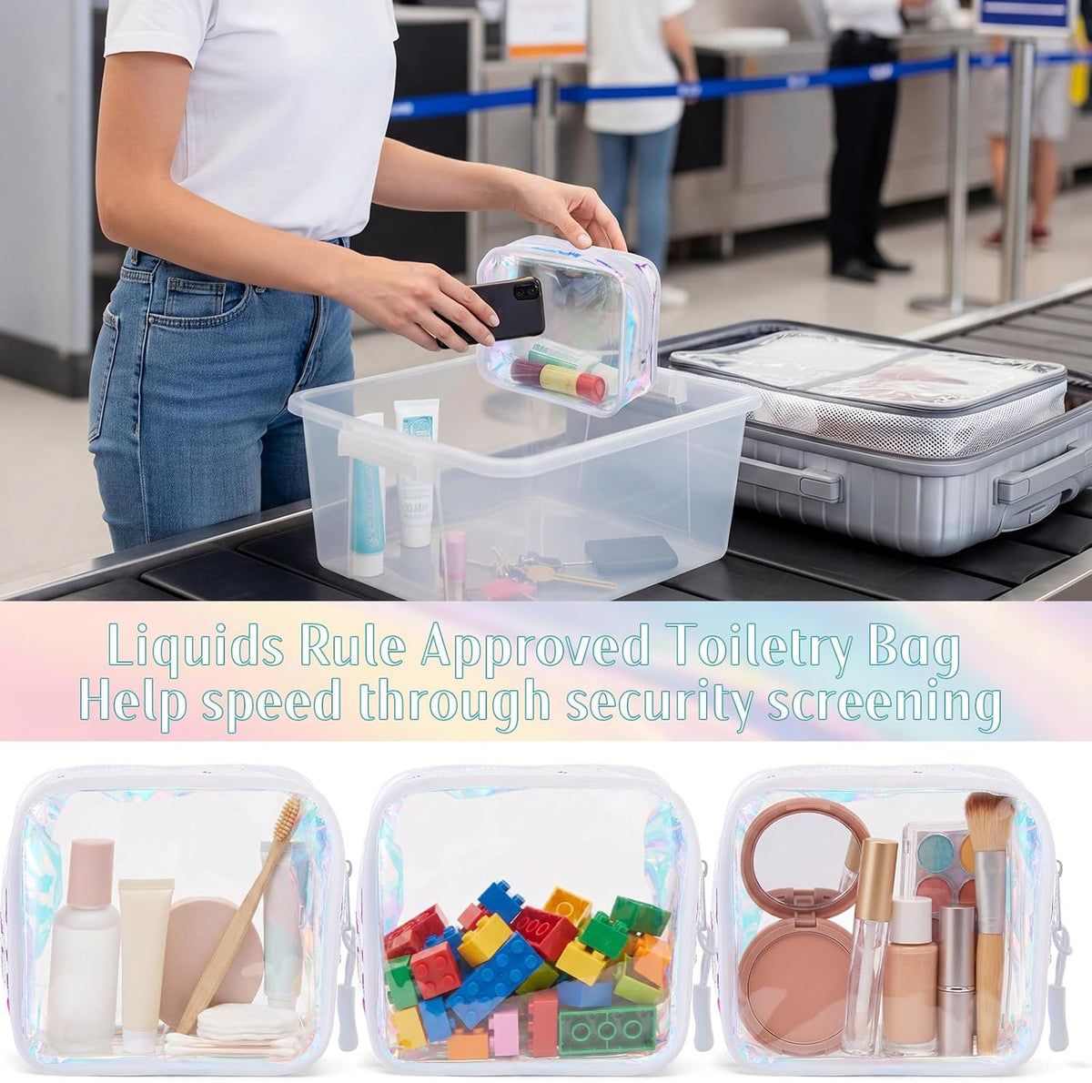 12 Pcs Iridescent Holographic Clear Cosmetic Makeup Bags with Zipper Tsa Approved Pouches Bulk for Travel Transparent PVC Waterproof Carry Pouches Organizer Case for Men Women
