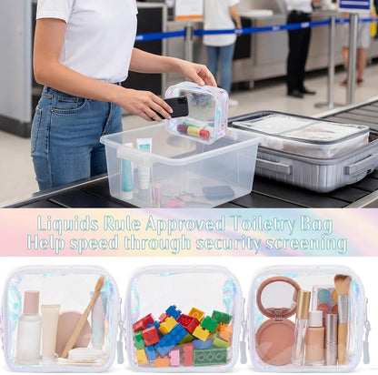 12 Pcs Iridescent Holographic Clear Cosmetic Makeup Bags with Zipper Tsa Approved Pouches Bulk for Travel Transparent PVC Waterproof Carry Pouches Organizer Case for Men Women