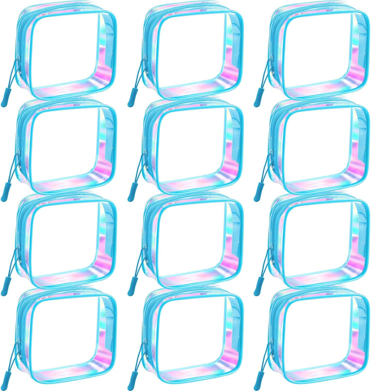 12 Pcs Iridescent Holographic Clear Cosmetic Makeup Bags with Zipper Tsa Approved Pouches Bulk for Travel Transparent PVC Waterproof Carry Pouches Organizer Case for Men Women