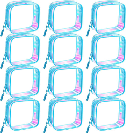 12 Pcs Iridescent Holographic Clear Cosmetic Makeup Bags with Zipper Tsa Approved Pouches Bulk for Travel Transparent PVC Waterproof Carry Pouches Organizer Case for Men Women