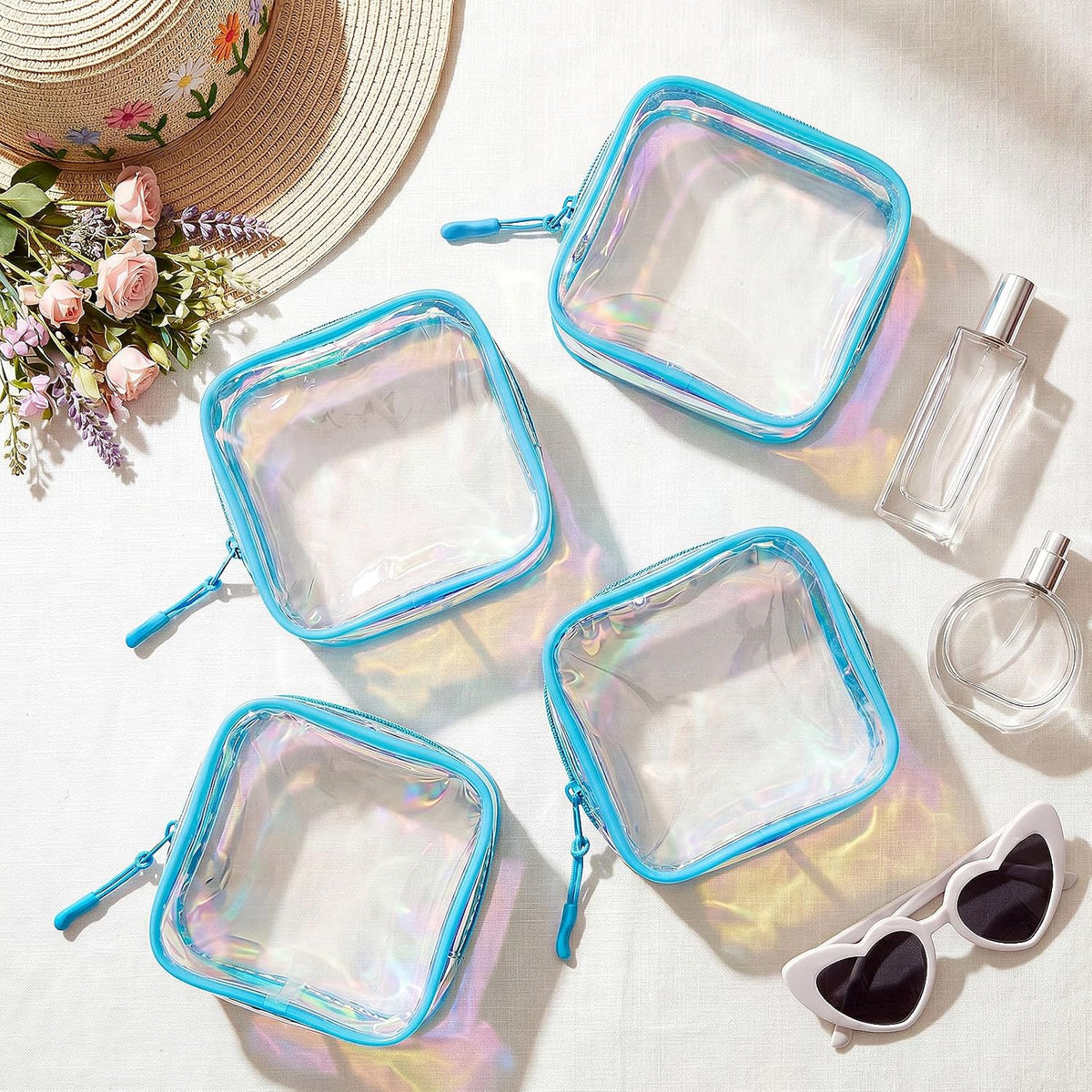 12 Pcs Iridescent Holographic Clear Cosmetic Makeup Bags with Zipper Tsa Approved Pouches Bulk for Travel Transparent PVC Waterproof Carry Pouches Organizer Case for Men Women