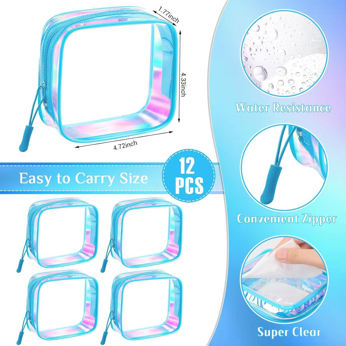 12 Pcs Iridescent Holographic Clear Cosmetic Makeup Bags with Zipper Tsa Approved Pouches Bulk for Travel Transparent PVC Waterproof Carry Pouches Organizer Case for Men Women
