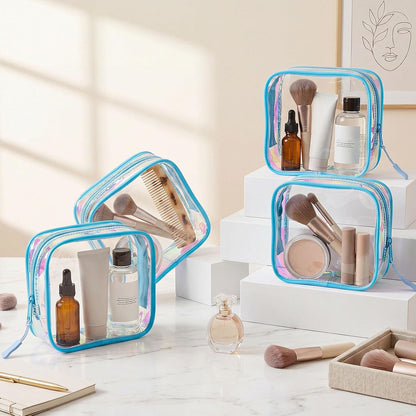 12 Pcs Iridescent Holographic Clear Cosmetic Makeup Bags with Zipper Tsa Approved Pouches Bulk for Travel Transparent PVC Waterproof Carry Pouches Organizer Case for Men Women