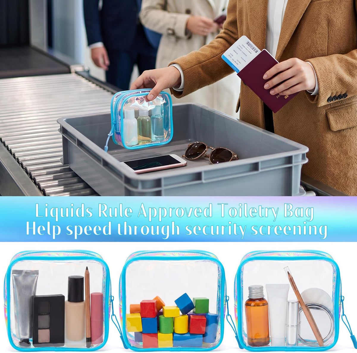 12 Pcs Iridescent Holographic Clear Cosmetic Makeup Bags with Zipper Tsa Approved Pouches Bulk for Travel Transparent PVC Waterproof Carry Pouches Organizer Case for Men Women