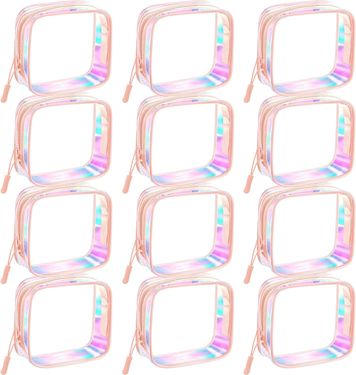12 Pcs Iridescent Holographic Clear Cosmetic Makeup Bags with Zipper Tsa Approved Pouches Bulk for Travel Transparent PVC Waterproof Carry Pouches Organizer Case for Men Women