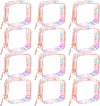 12 Pcs Iridescent Holographic Clear Cosmetic Makeup Bags with Zipper Tsa Approved Pouches Bulk for Travel Transparent PVC Waterproof Carry Pouches Organizer Case for Men Women