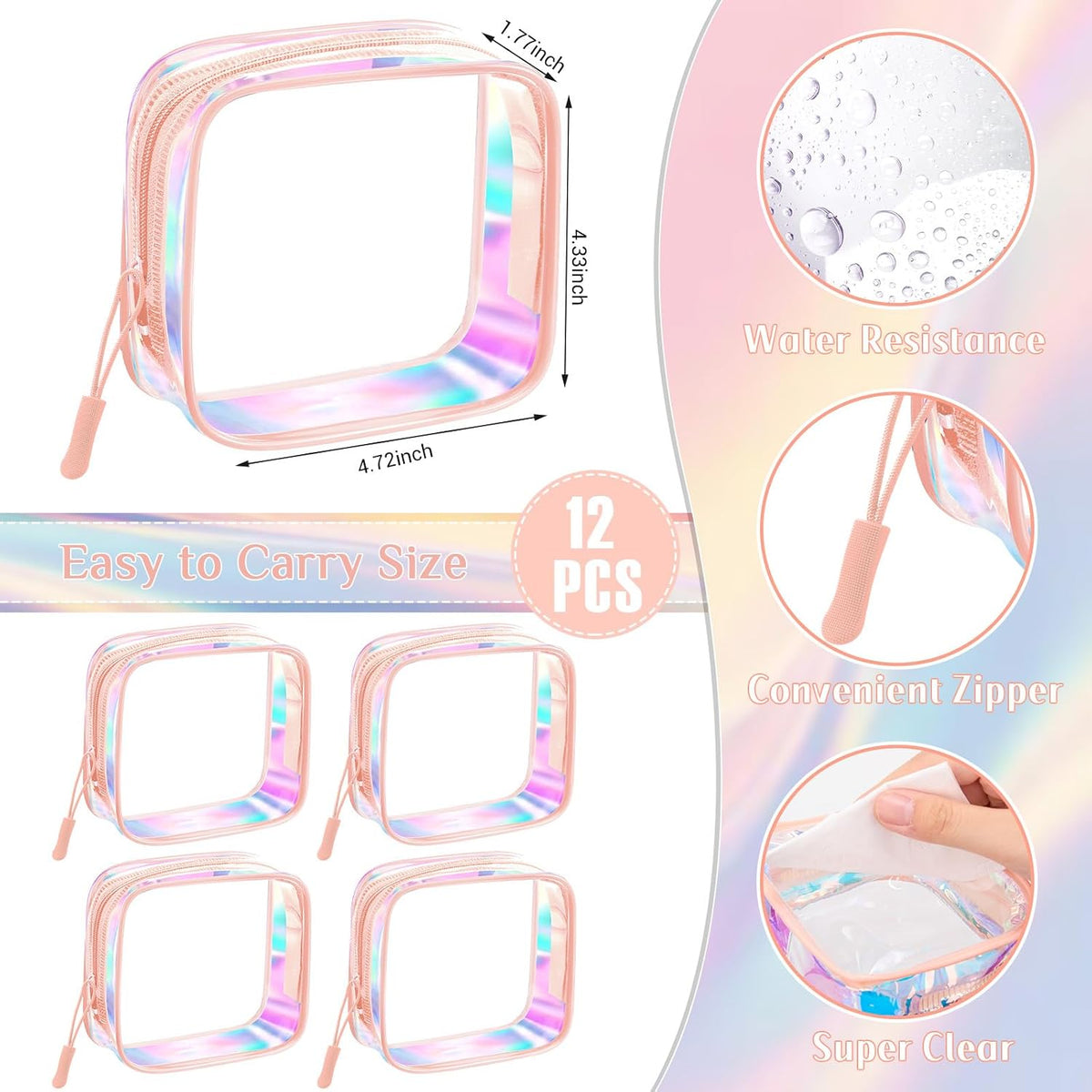 12 Pcs Iridescent Holographic Clear Cosmetic Makeup Bags with Zipper Tsa Approved Pouches Bulk for Travel Transparent PVC Waterproof Carry Pouches Organizer Case for Men Women