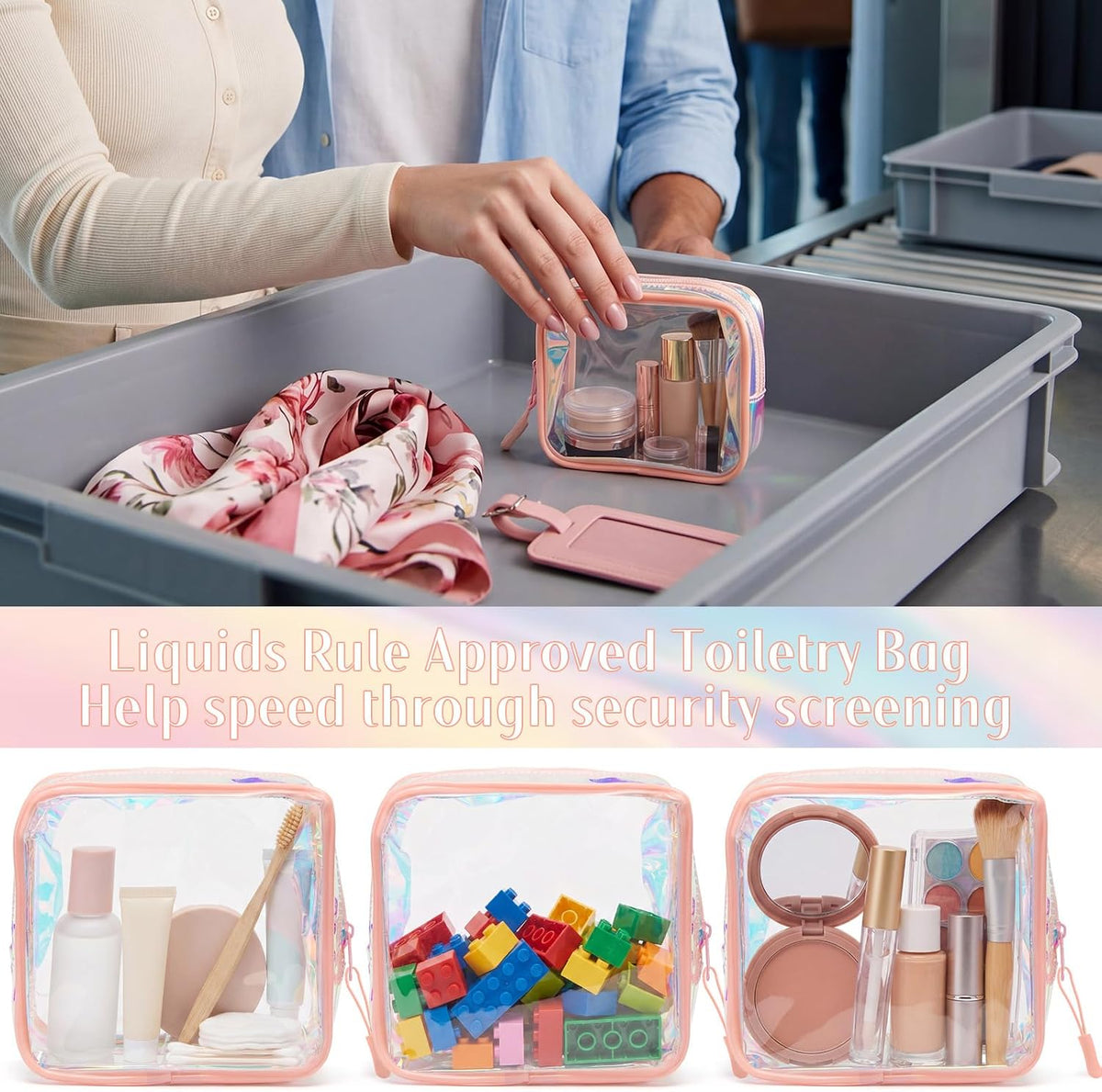 12 Pcs Iridescent Holographic Clear Cosmetic Makeup Bags with Zipper Tsa Approved Pouches Bulk for Travel Transparent PVC Waterproof Carry Pouches Organizer Case for Men Women
