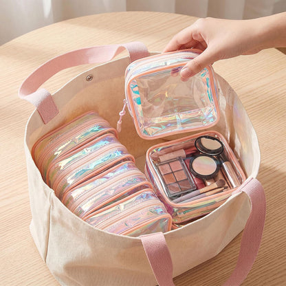 12 Pcs Iridescent Holographic Clear Cosmetic Makeup Bags with Zipper Tsa Approved Pouches Bulk for Travel Transparent PVC Waterproof Carry Pouches Organizer Case for Men Women
