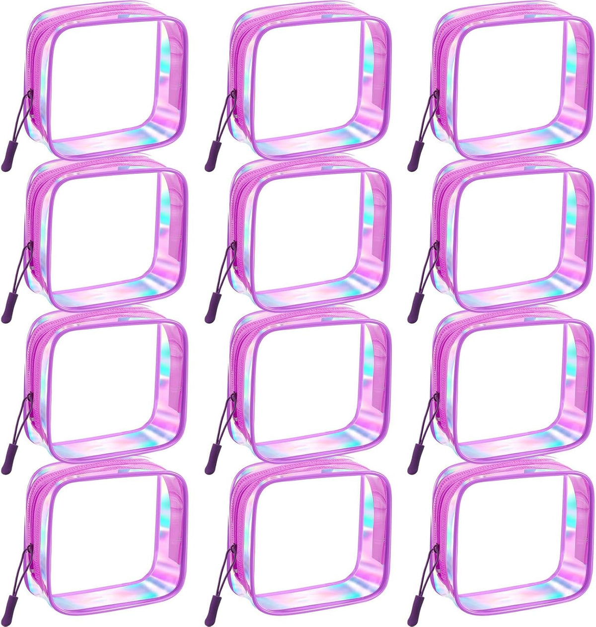 12 Pcs Iridescent Holographic Clear Cosmetic Makeup Bags with Zipper Tsa Approved Pouches Bulk for Travel Transparent PVC Waterproof Carry Pouches Organizer Case for Men Women
