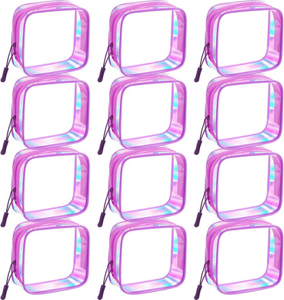 12 Pcs Iridescent Holographic Clear Cosmetic Makeup Bags with Zipper Tsa Approved Pouches Bulk for Travel Transparent PVC Waterproof Carry Pouches Organizer Case for Men Women