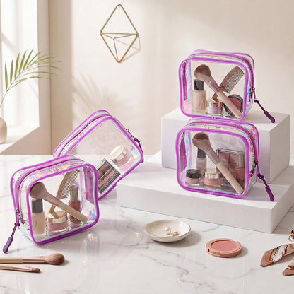 12 Pcs Iridescent Holographic Clear Cosmetic Makeup Bags with Zipper Tsa Approved Pouches Bulk for Travel Transparent PVC Waterproof Carry Pouches Organizer Case for Men Women