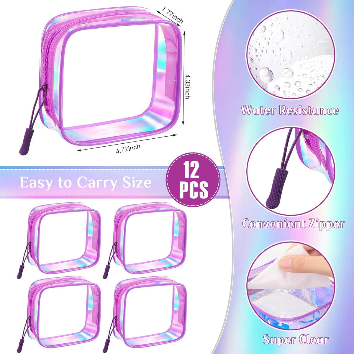 12 Pcs Iridescent Holographic Clear Cosmetic Makeup Bags with Zipper Tsa Approved Pouches Bulk for Travel Transparent PVC Waterproof Carry Pouches Organizer Case for Men Women