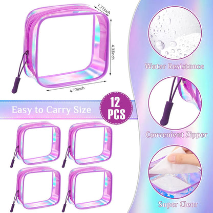 12 Pcs Iridescent Holographic Clear Cosmetic Makeup Bags with Zipper Tsa Approved Pouches Bulk for Travel Transparent PVC Waterproof Carry Pouches Organizer Case for Men Women