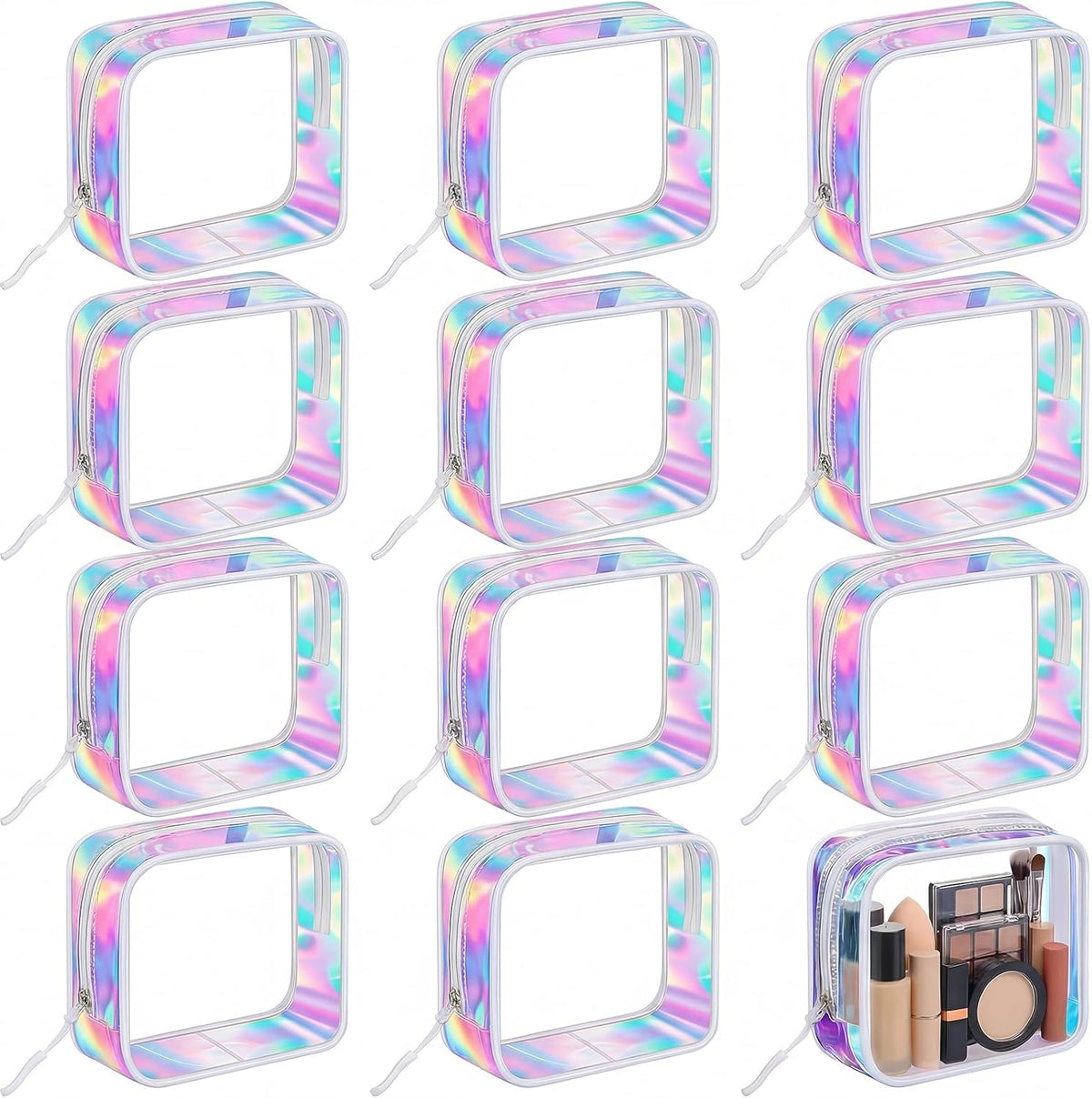 12 Pcs Iridescent Holographic Clear Cosmetic Makeup Bags with Zipper Tsa Approved Pouches Bulk for Travel Transparent PVC Waterproof Carry Pouches Organizer Case for Men Women