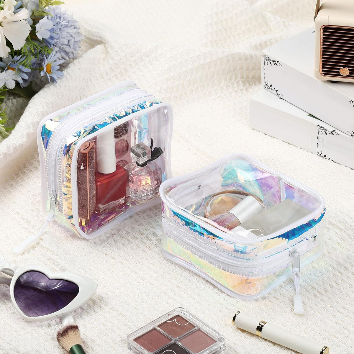 12 Pcs Iridescent Holographic Clear Cosmetic Makeup Bags with Zipper Tsa Approved Pouches Bulk for Travel Transparent PVC Waterproof Carry Pouches Organizer Case for Men Women