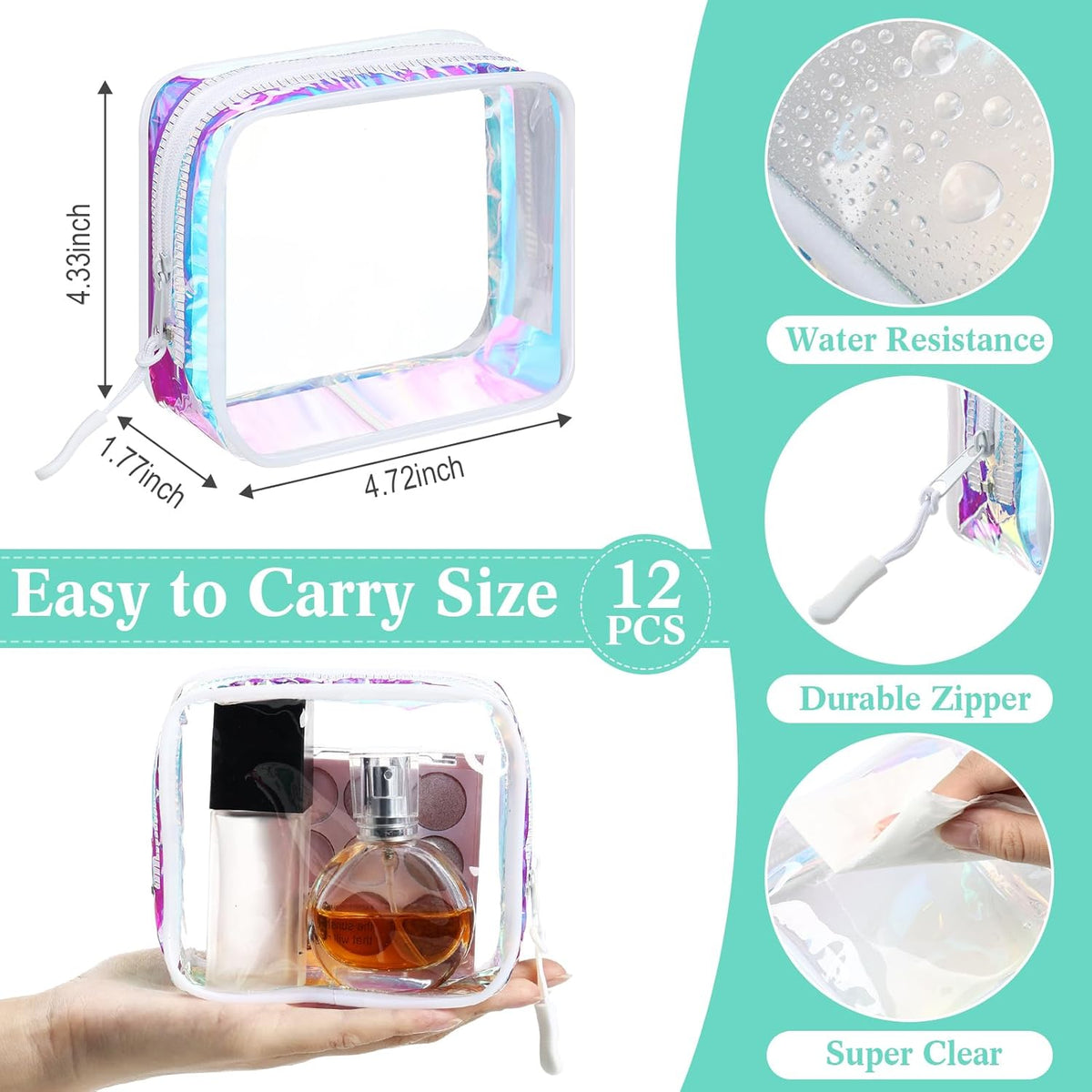 12 Pcs Iridescent Holographic Clear Cosmetic Makeup Bags with Zipper Tsa Approved Pouches Bulk for Travel Transparent PVC Waterproof Carry Pouches Organizer Case for Men Women