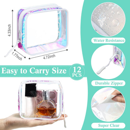 12 Pcs Iridescent Holographic Clear Cosmetic Makeup Bags with Zipper Tsa Approved Pouches Bulk for Travel Transparent PVC Waterproof Carry Pouches Organizer Case for Men Women