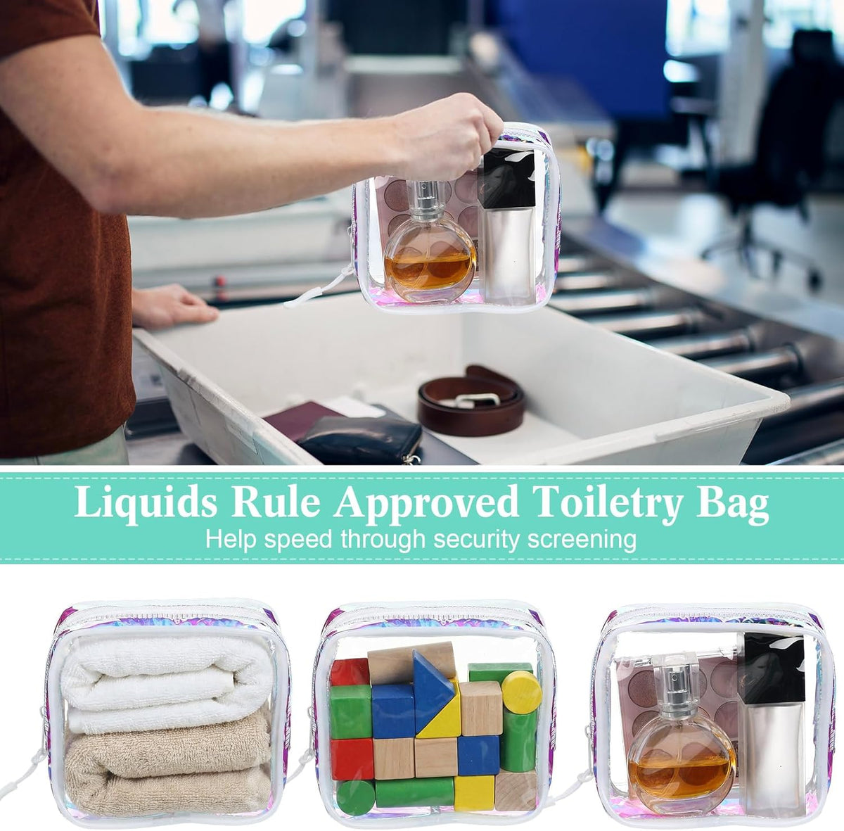 12 Pcs Iridescent Holographic Clear Cosmetic Makeup Bags with Zipper Tsa Approved Pouches Bulk for Travel Transparent PVC Waterproof Carry Pouches Organizer Case for Men Women