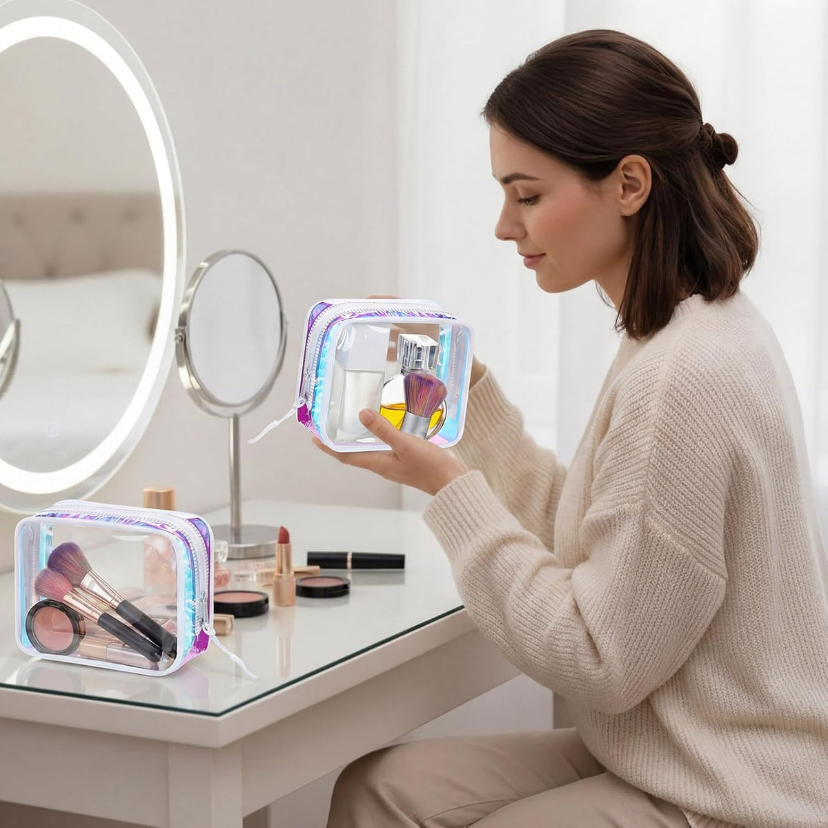 12 Pcs Iridescent Holographic Clear Cosmetic Makeup Bags with Zipper Tsa Approved Pouches Bulk for Travel Transparent PVC Waterproof Carry Pouches Organizer Case for Men Women