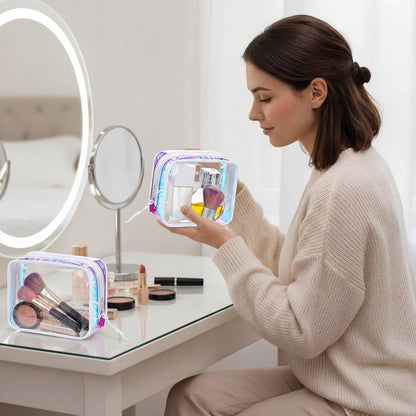12 Pcs Iridescent Holographic Clear Cosmetic Makeup Bags with Zipper Tsa Approved Pouches Bulk for Travel Transparent PVC Waterproof Carry Pouches Organizer Case for Men Women