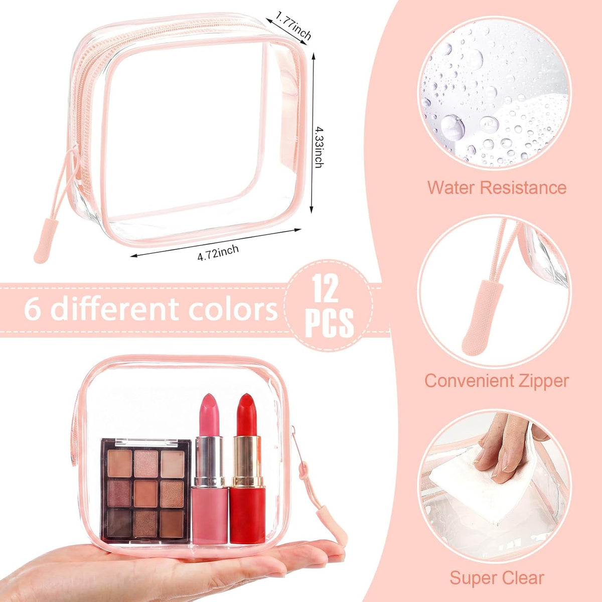 12 Pcs Iridescent Holographic Clear Cosmetic Makeup Bags with Zipper Tsa Approved Pouches Bulk for Travel Transparent PVC Waterproof Carry Pouches Organizer Case for Men Women
