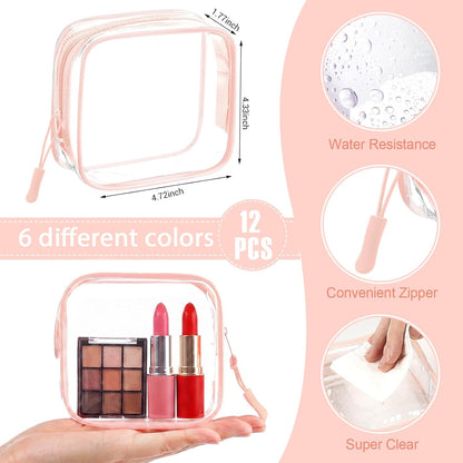 12 Pcs Iridescent Holographic Clear Cosmetic Makeup Bags with Zipper Tsa Approved Pouches Bulk for Travel Transparent PVC Waterproof Carry Pouches Organizer Case for Men Women