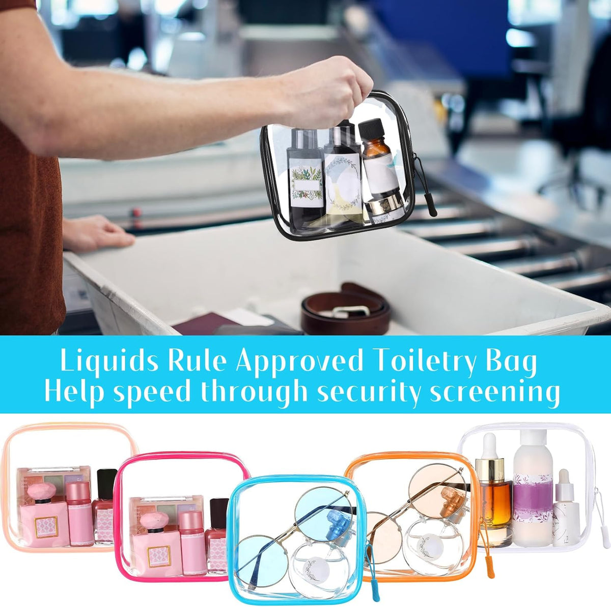 12 Pcs Iridescent Holographic Clear Cosmetic Makeup Bags with Zipper Tsa Approved Pouches Bulk for Travel Transparent PVC Waterproof Carry Pouches Organizer Case for Men Women