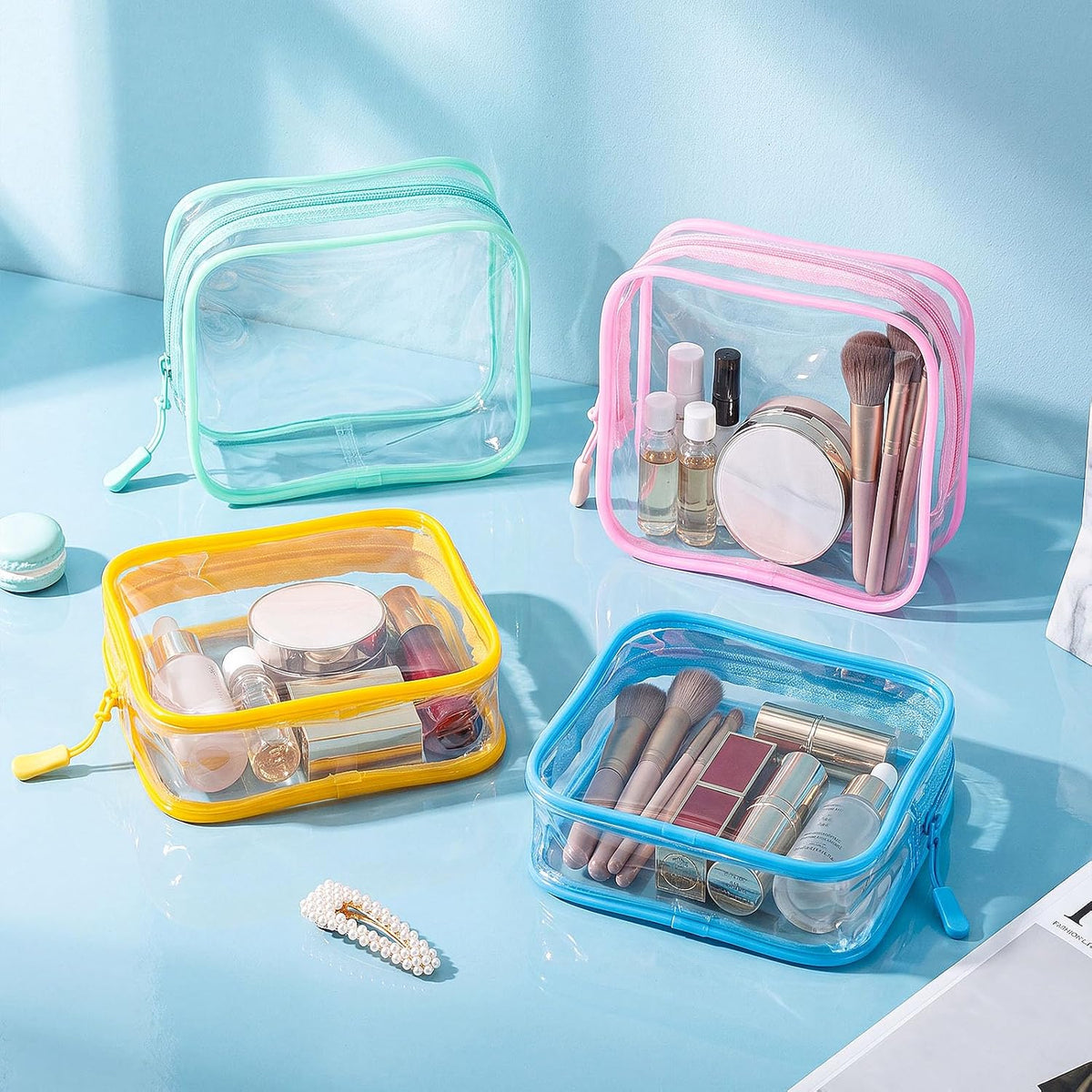 12 Pcs Iridescent Holographic Clear Cosmetic Makeup Bags with Zipper Tsa Approved Pouches Bulk for Travel Transparent PVC Waterproof Carry Pouches Organizer Case for Men Women