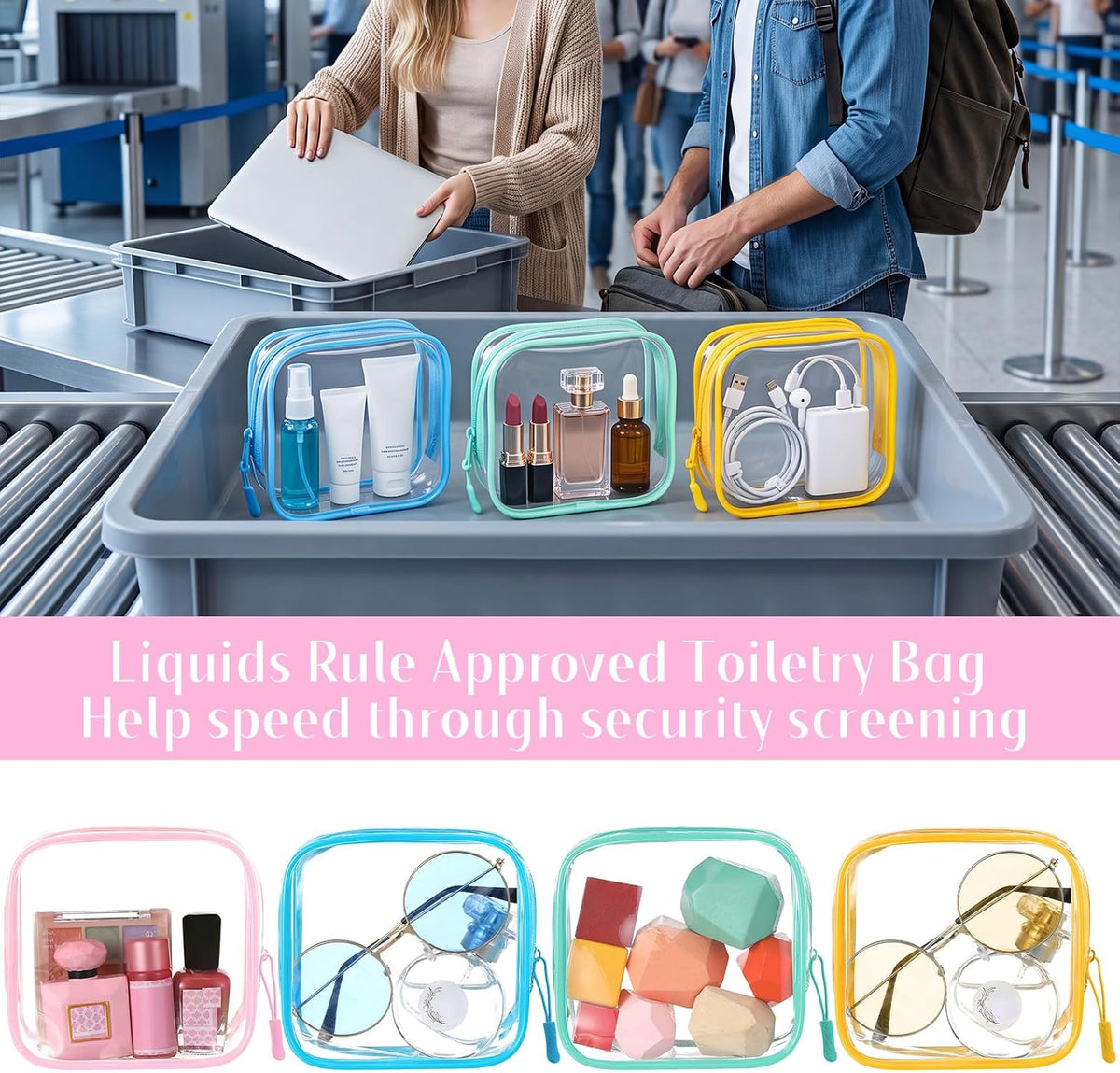 12 Pcs Iridescent Holographic Clear Cosmetic Makeup Bags with Zipper Tsa Approved Pouches Bulk for Travel Transparent PVC Waterproof Carry Pouches Organizer Case for Men Women