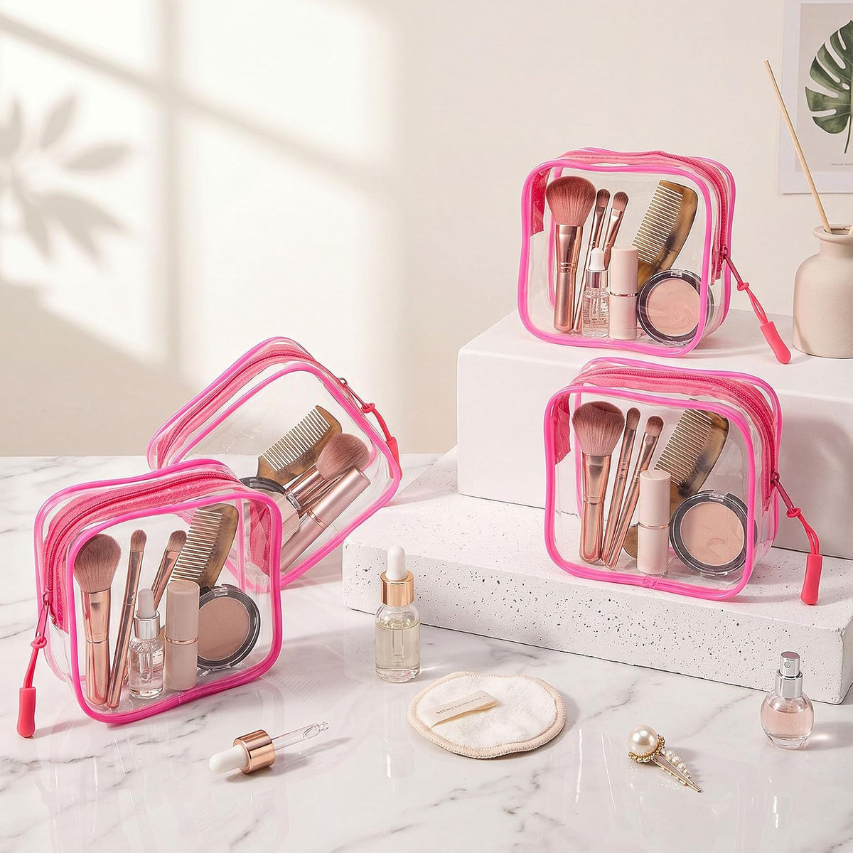 12 Pcs Iridescent Holographic Clear Cosmetic Makeup Bags with Zipper Tsa Approved Pouches Bulk for Travel Transparent PVC Waterproof Carry Pouches Organizer Case for Men Women