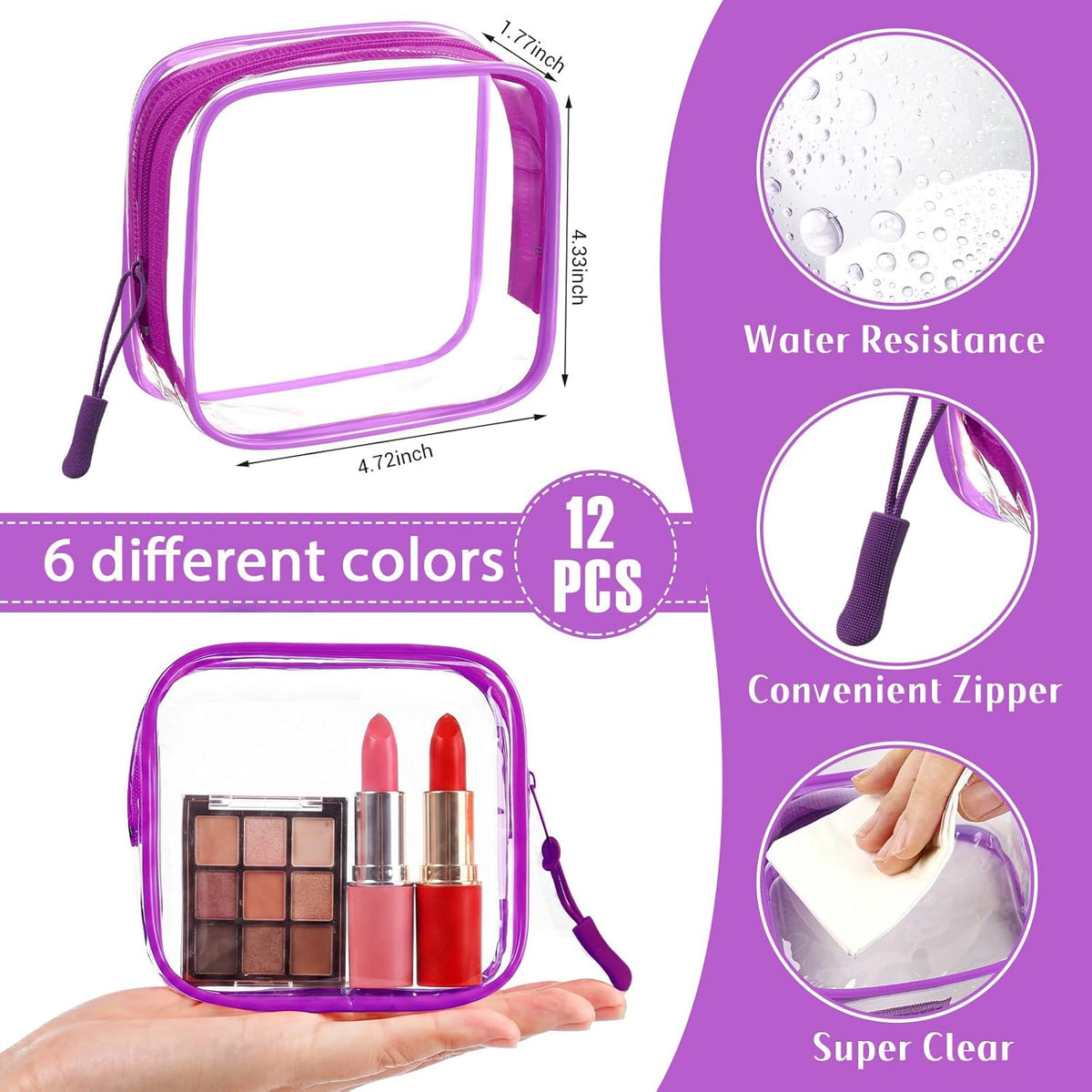 12 Pcs Iridescent Holographic Clear Cosmetic Makeup Bags with Zipper Tsa Approved Pouches Bulk for Travel Transparent PVC Waterproof Carry Pouches Organizer Case for Men Women