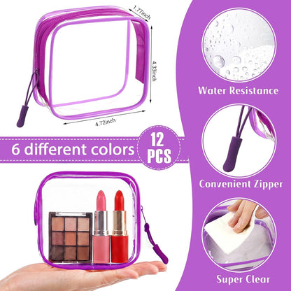 12 Pcs Iridescent Holographic Clear Cosmetic Makeup Bags with Zipper Tsa Approved Pouches Bulk for Travel Transparent PVC Waterproof Carry Pouches Organizer Case for Men Women