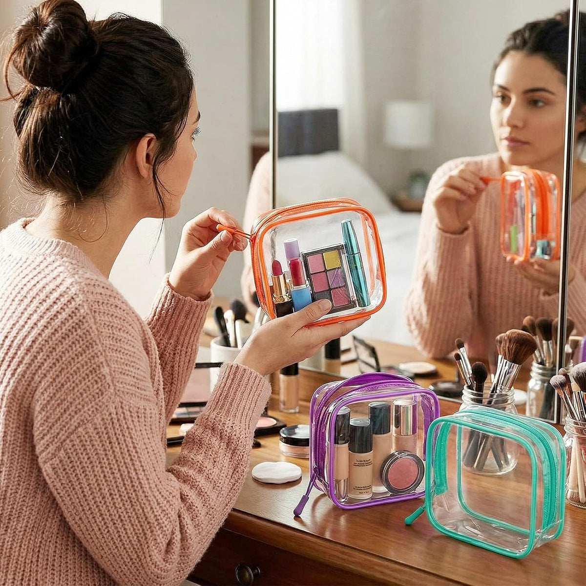 12 Pcs Iridescent Holographic Clear Cosmetic Makeup Bags with Zipper Tsa Approved Pouches Bulk for Travel Transparent PVC Waterproof Carry Pouches Organizer Case for Men Women